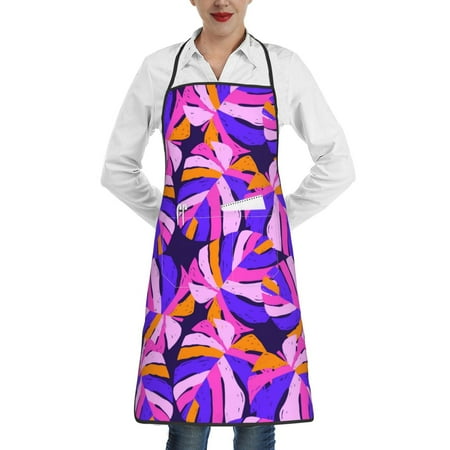 

Pofeuu Tropics Leaf Print Aprons with Pockets Cute Aprons for Kitchen Cooking Server Barber Chef Apron