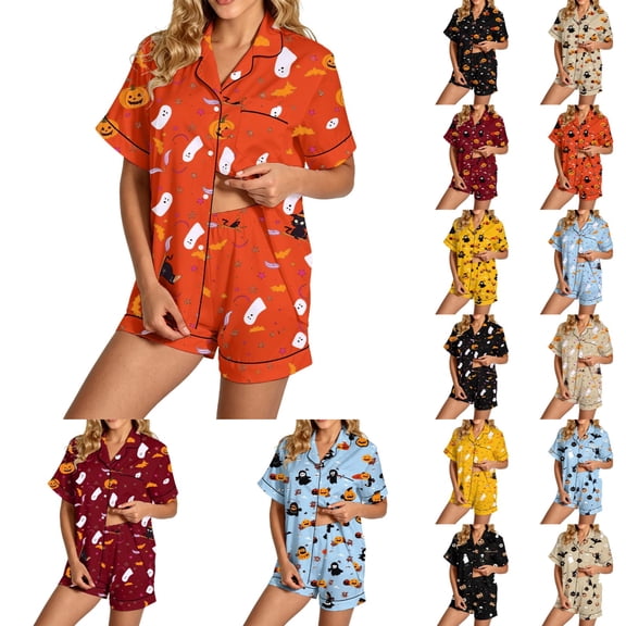 MuXiKeJi Clothes Women's Halloween Pajama Set Cute Ghost Pumpkin Print Milk Silk Brushed Button down Pjs Lounge Sleepwear Halloween Pajamas Women Satin,Women Christmas pjs