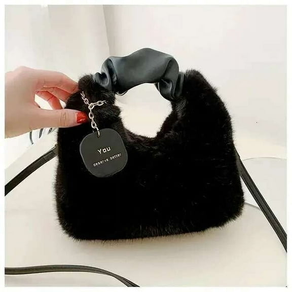 Faux Fur Plush Handbags Ruched Handle Small Lady Shoulder Crossbody Bag Casual Tote Half-Moon Hobos Winter Bags for Women