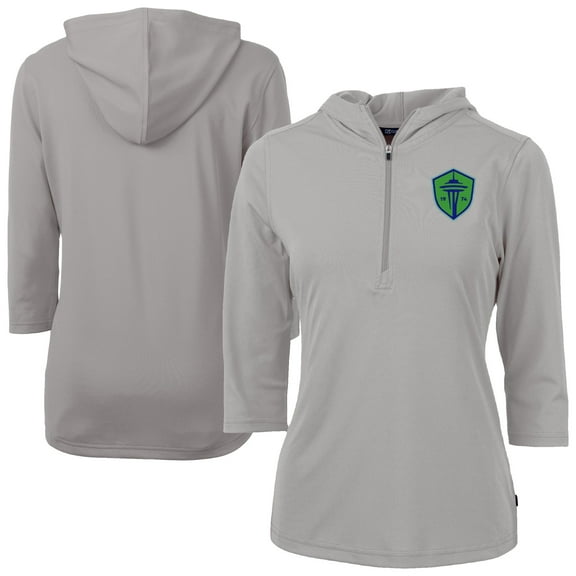 Women's-Cutter & Buck  Gray Seattle Sounders FC Virtue Eco Pique Recycled Half-Zip Pullover Hoodie