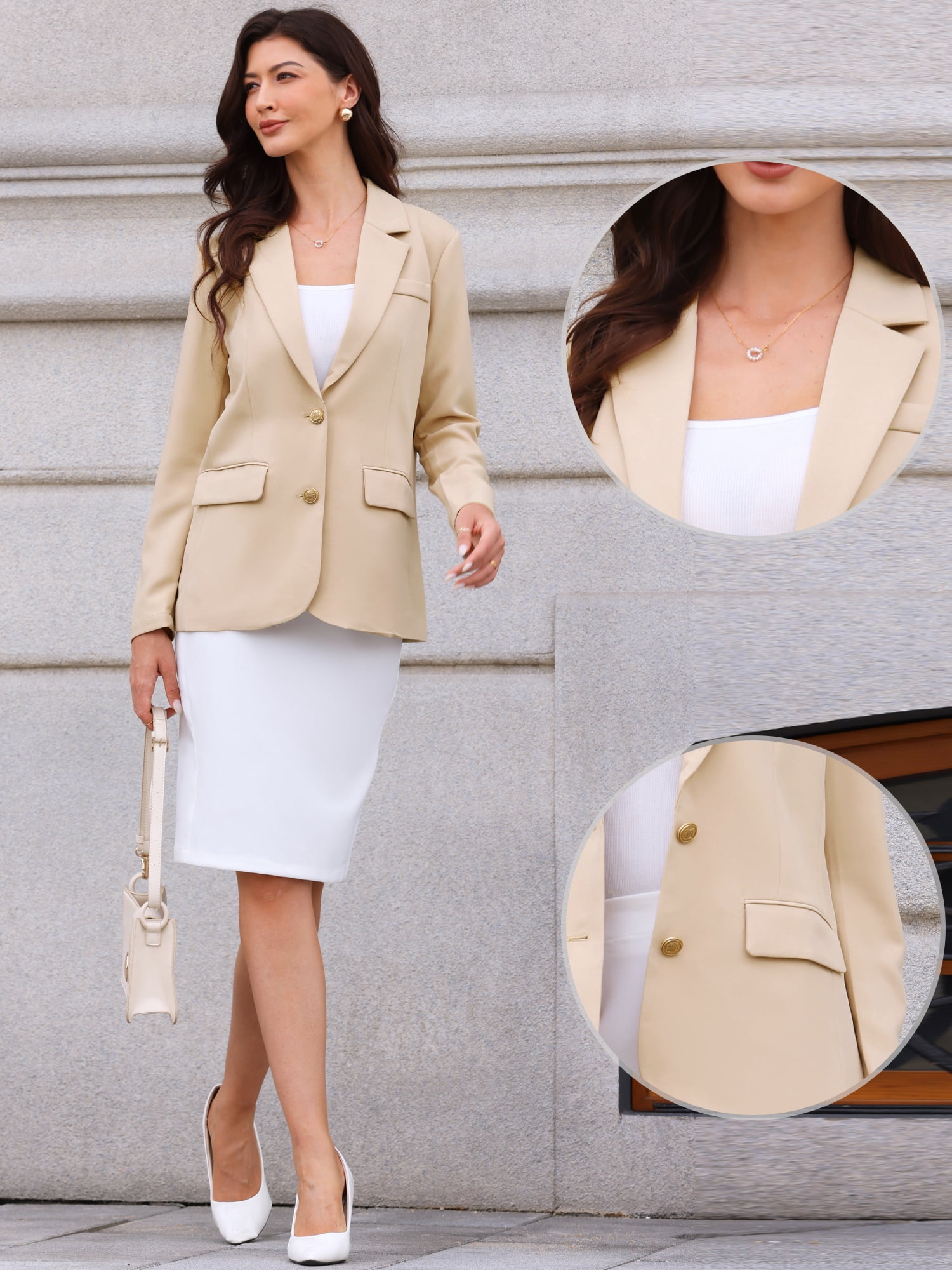 DARING DIVA Women's Business Casual Single Breasted Jacket Office Suit L Beige
