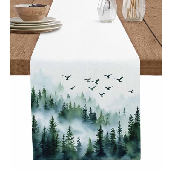 Green White Forest Table Runner 72 Inches, Watercolor Modern Mountain Bed Runner Dresser Scarves Tabletop for Indoor Outdoor Parties/Ceremony/Banquet, 18" x 72"