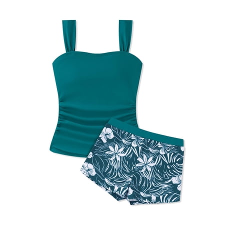 Girls Tankini Set Hawaiian Print Swim Pants Conservative Separate Swimsuit for Kids Beach Sand Dark Green 14 Years-15 Years