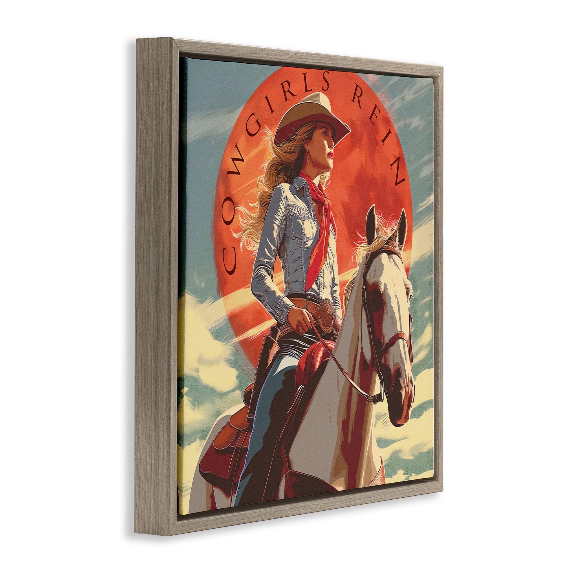 Stupell Industries Cowgirls Rein Portrait People Painting Brown Floater Framed Canvas Art Print Wall Art, 18 x 18