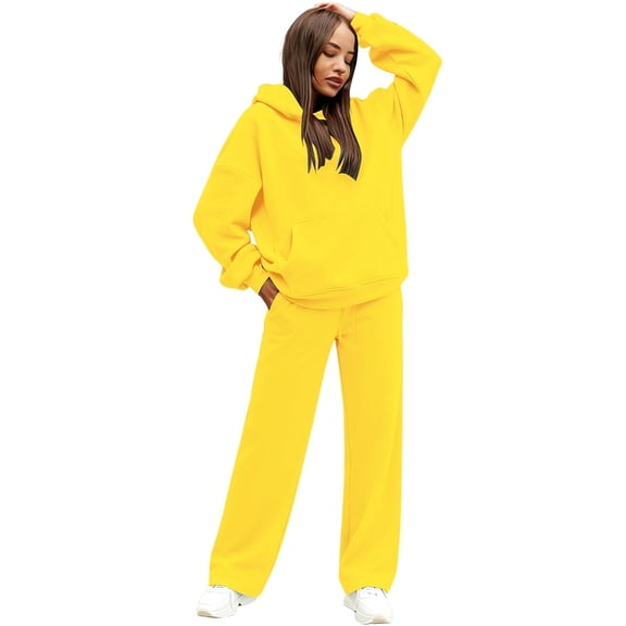 Fgvctg Lounge Sets for Women 2 Piece Spring Lounge Hoodie Cozy Soft Sweatsuit Comfy Jogger Sweatpants Oversized Sweatshirts Tracksuits with Pockets Yellow 2XL