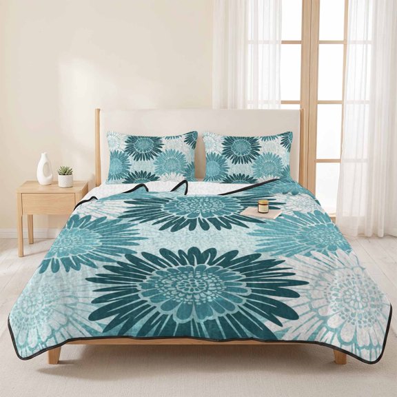 3 Pieces Queen Quilt Set,Farm Green Sunflowers Soft Bedding Sets with 1 Quilt & 2 Pillow Shams,Country Bloom Floral Pattern Summer Bedspread Lightweight Coverlet Comforter