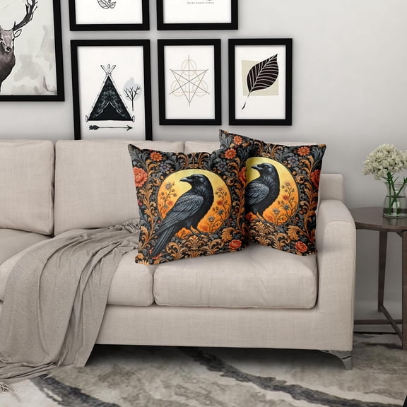 18x18 Inch Set of 2 Single-sided printed envelope-style imitation linen pillowcase, Crow Pillow Covers Vintage Raven and Floral Gothic Cotton Decorative Throw Pillow Cases Spooky Decor Outdoor Cushio