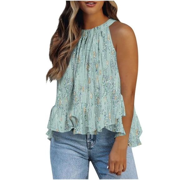 Fewfanhot Summer Outfits for Women Adjustable Tie Neckline Ruffle Hem Sleeveless Flowy Halter Tops