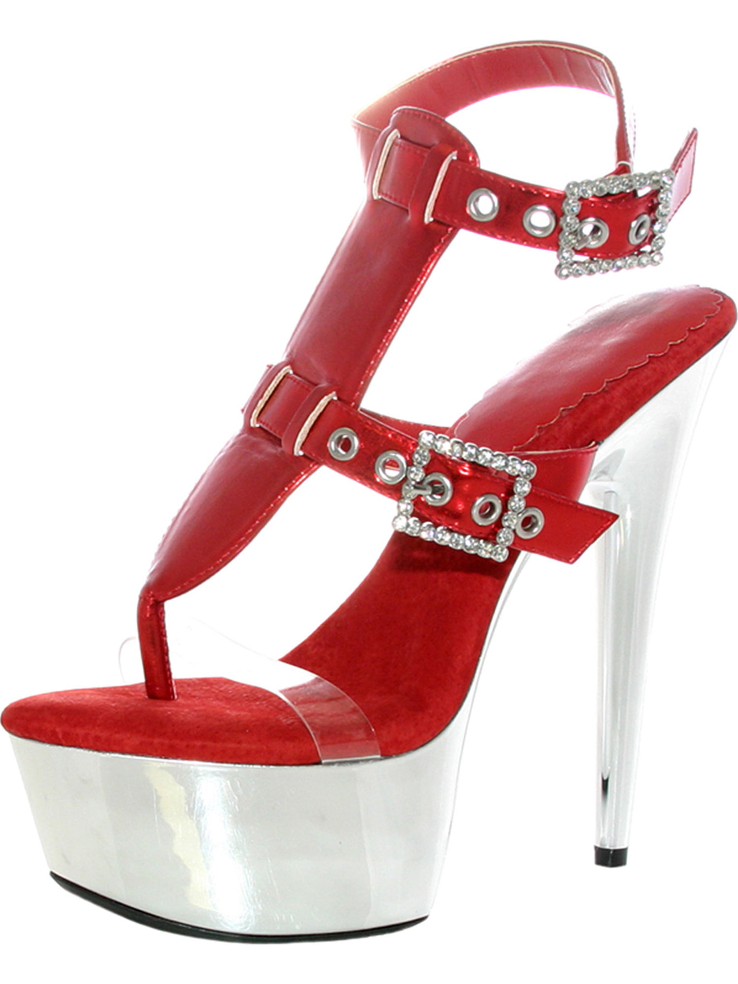 Womens Rhinestone Ankle Strap Platform Stiletto T-Strap Dress Sandals Red 