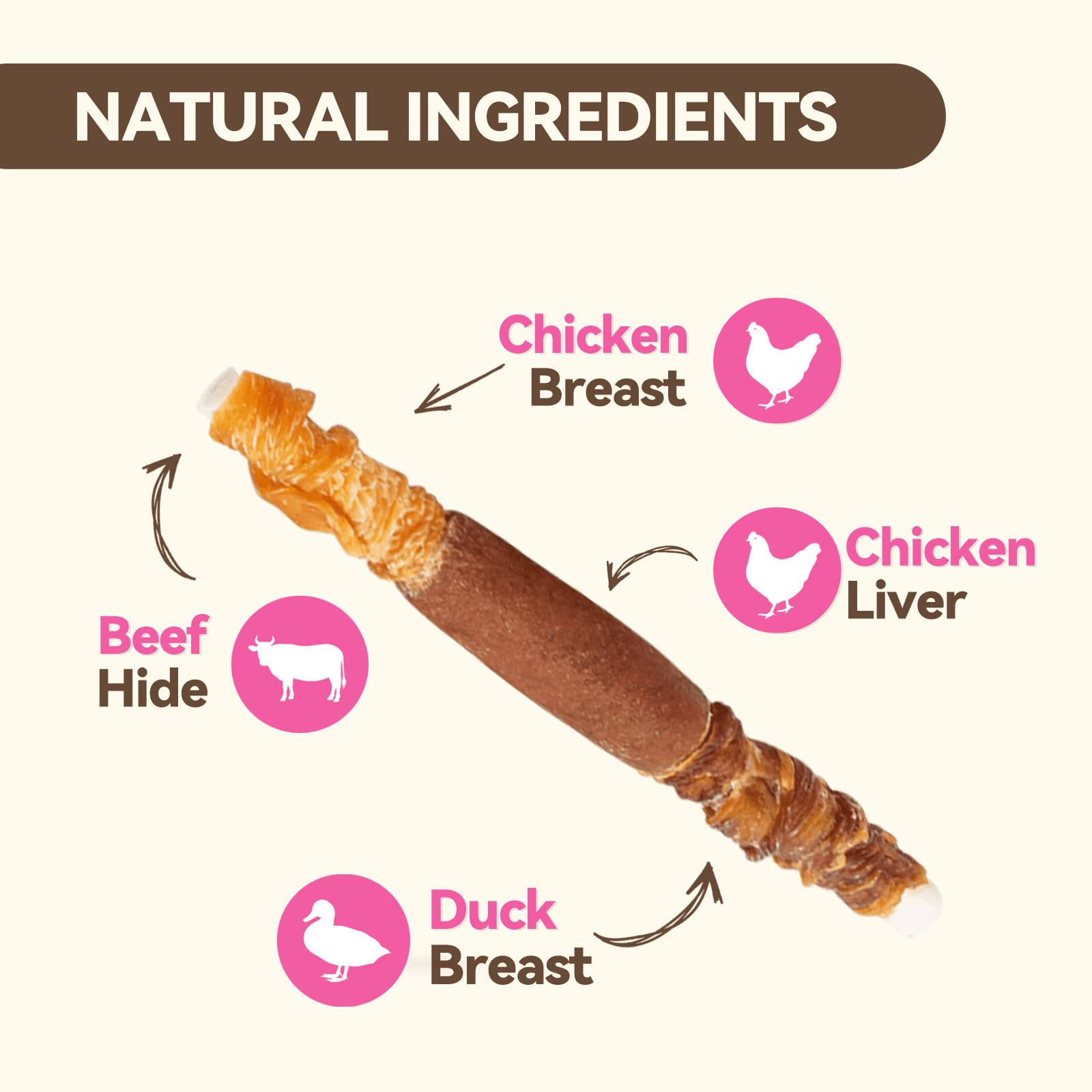 Puddonio Chicken, Duck & Liver with Rawhide Dog Treats, 21.16oz, 5 Inch