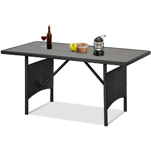 AECOJOY 54" Outdoor Dining Table, Patio Wicker Metal Frame Coffee Table for Outside or Indoor, Black Rattan