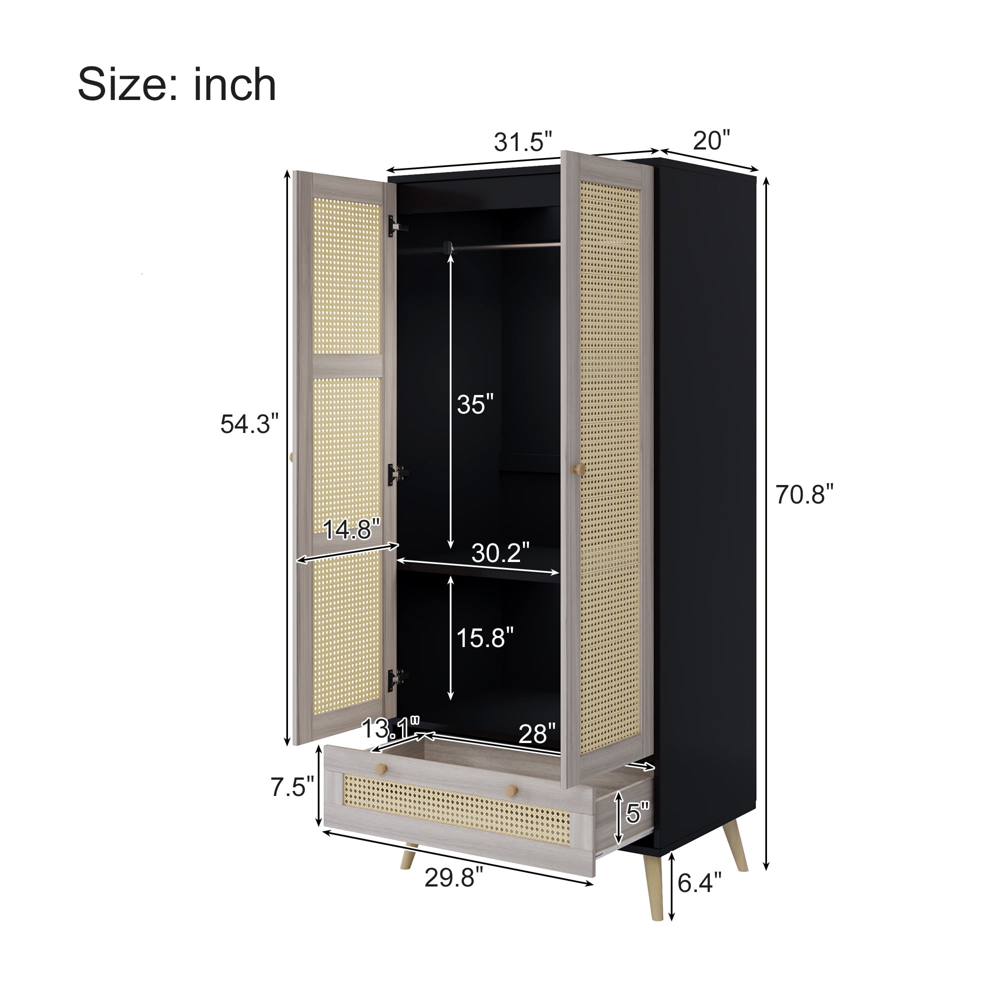 Euroco Modern 2 Door Armoire Wardrobe Closet, Rattan Clothes Cabinet with Drawer and Hanging Rod, Natural