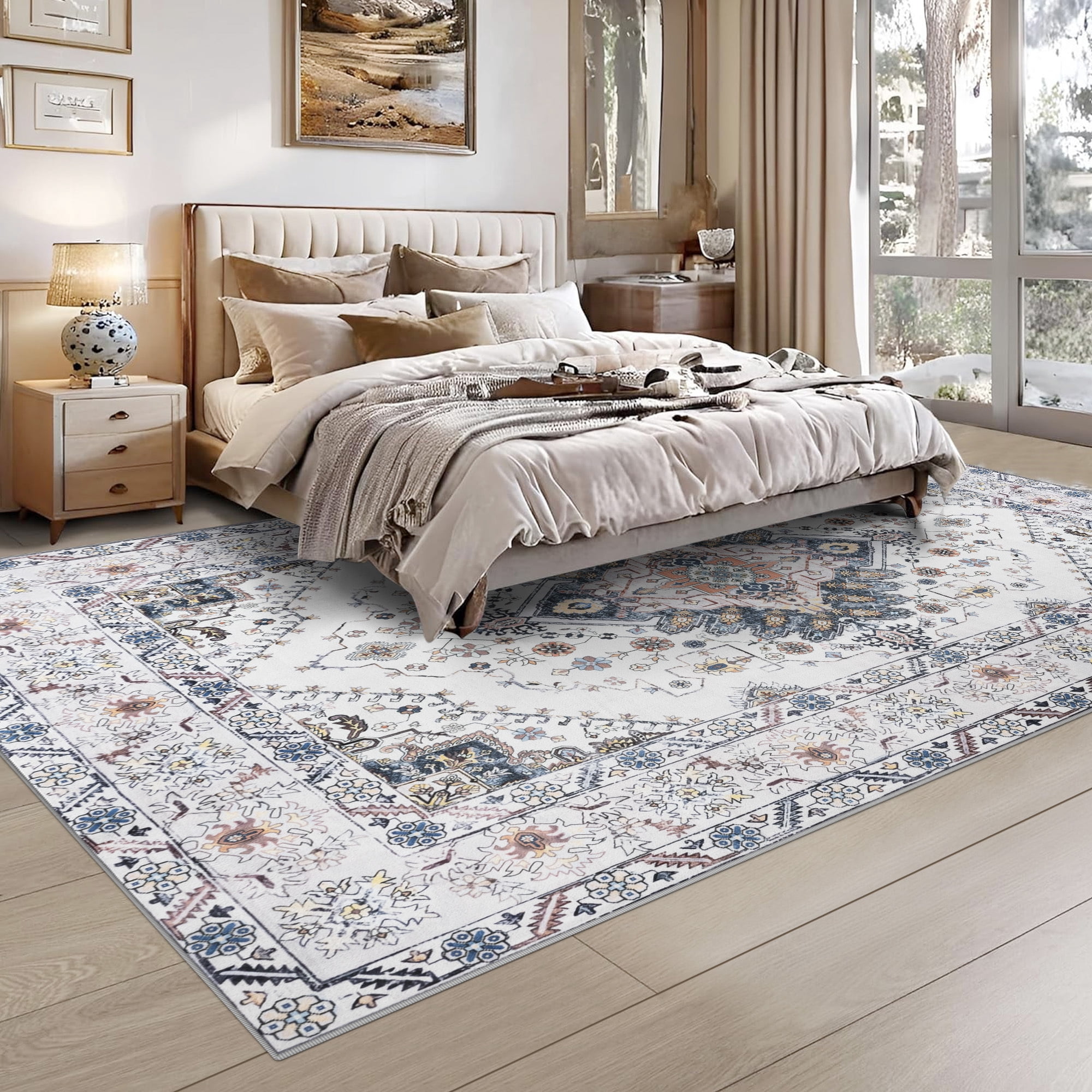 Wondo 5x8 Beige Area Rug - Machine Washable Non-Slip Rubber Backing, Low Pile Vintage Carpet for Living Room Bedroom Kitchen Dining Office