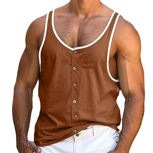Timegard Tank Tops Men Scoop Neck Button Sleeveless Lightweight Summer Casual Loose Tee Shirts Top