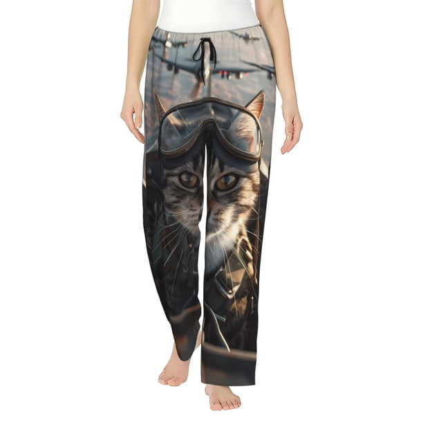Fotbe Pilot Cat In Vintage Plane Pantalones de Pijama para Mujer, Pantalones de Dormir, Pantalones Pj con Cordón y Bolsillos-Medium