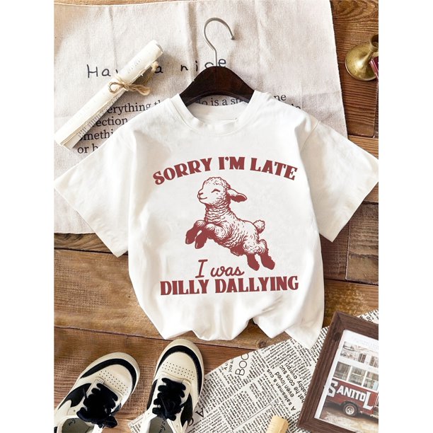 Women's Casual Short Sleeve T-Shirt - Funny "Sorry I'm Late I Was Dilly Dallying" Sheep Graphic Print, Light Pink Round Neck Top, Semi-Sheer Breathable Fabric, Machine Washable Spring Summer Tee, Lad