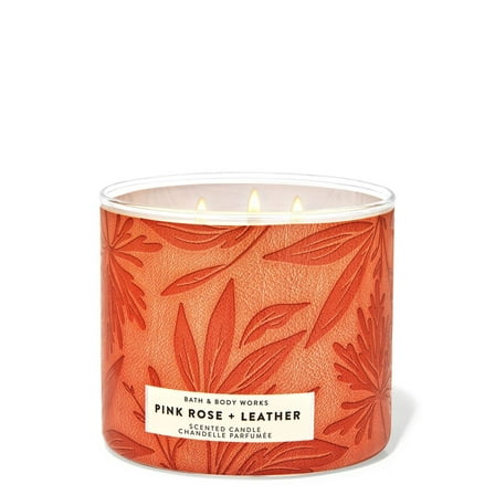 Bath and Body Works Pink Rose   Leather 3-Wick Candle (14.5 oz / 411 g)