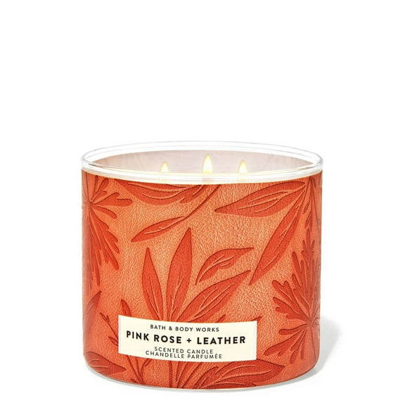 Bath and Body Works Pink Rose   Leather 3-Wick Candle (14.5 oz / 411 g)
