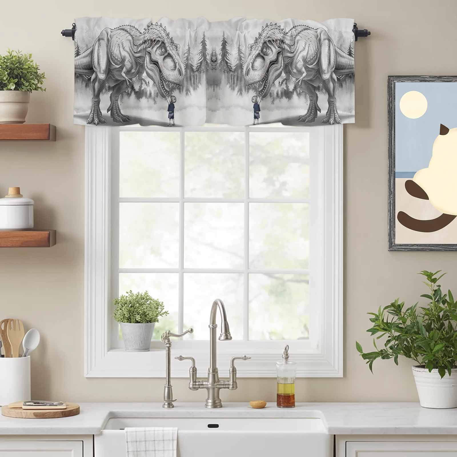 Dinosaurs Boy Kitchen Curtain Valances for Windows Farmhouse Short Curtains, Gray Funny Cartoon Forest Animals Rod Pocket Valance Curtain for Bedroom Cafe Living Room 60"x18"