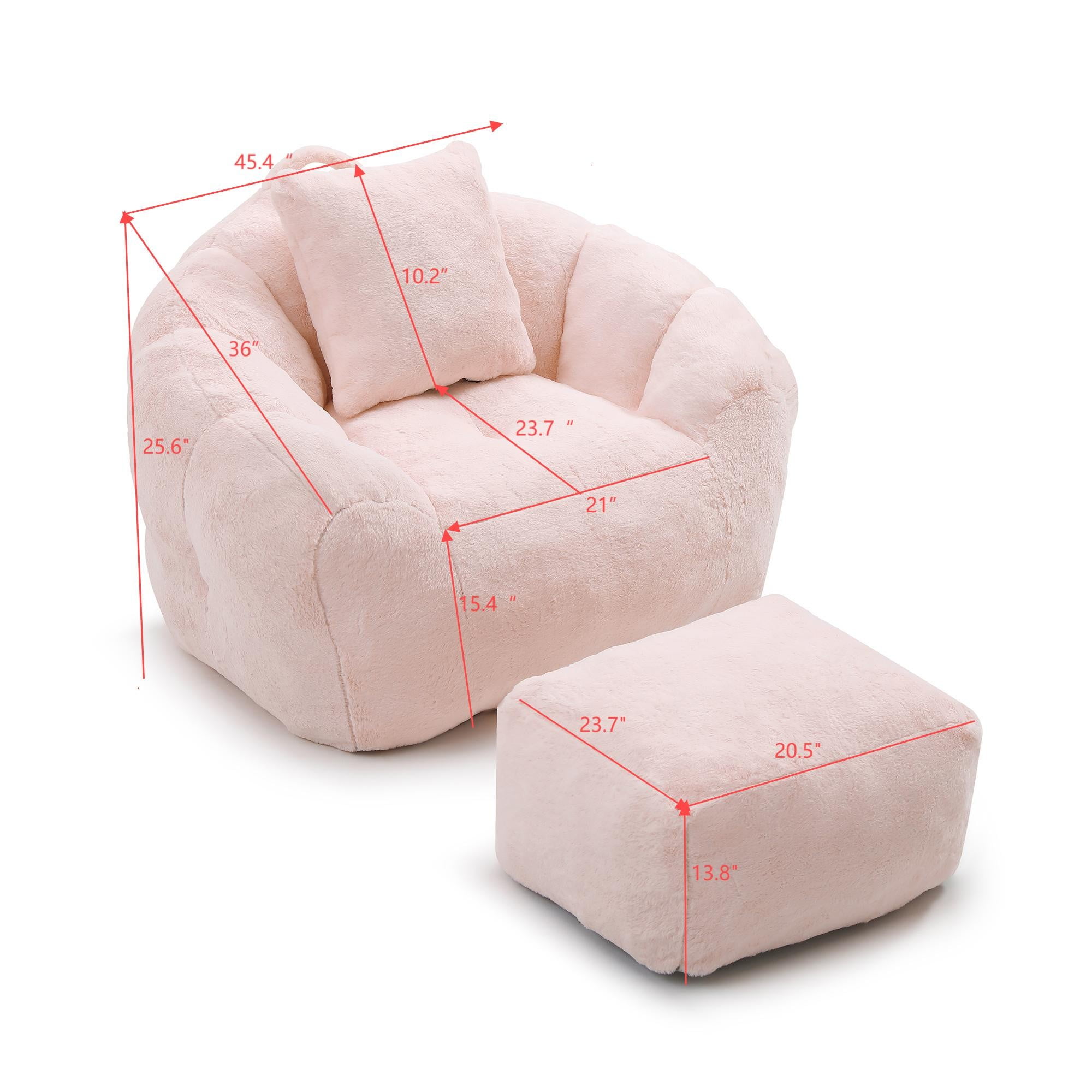 Giant Bean Bag Chair Withfootstool, Oversized Bean Bag for Adults and Kids, Faux Fur Shell-Shaped Large Chair with Filler, Stuffed Big Accent Sofa, Floor Sofa Gaming,Reading Living Room Bedroom(Pink)