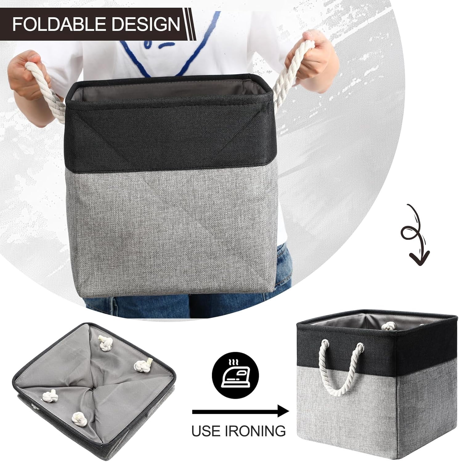 8 Pack Collapsible Storage Bins Fabric Storage Bins Polyester Fabric Baskets with Handles Linen Closet Organizer for Shelf Home Closet Towels Toys(12 x 12 x 12in,Black Gray)