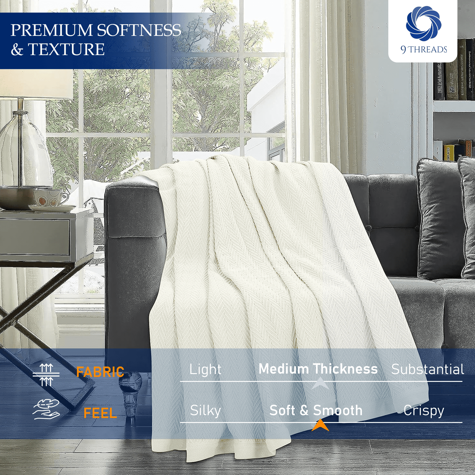9Threads 100% Cotton Herringbone Weave Blankets, 90" X 90" Queen, Throw Blanket for Bed, All Season Cotton Blanket, Cozy Blanket,Throws & Bed Blanket, Throw Blanket for Couch, Modern Home Decor -Tusk