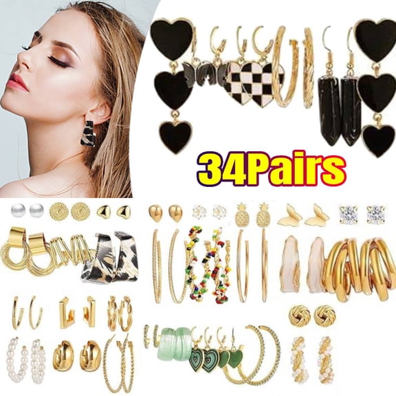 34 Pairs Hoop Earrings for Women, Fashion Drop Dangle Earring Packs Hearts Earrings Multi-pack Hypoallergenic Earrings for Valentine's Day Birthdays Gifts