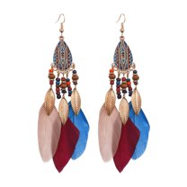 HUANLEDASH 1 Pair Hook Earrings Ethnic Style Water-drop Pendant Beaded Personality Eye-catching Decoration Hypoallergenic Artificial Feather Vintage Dangle Earrings Jewelry Accessory
