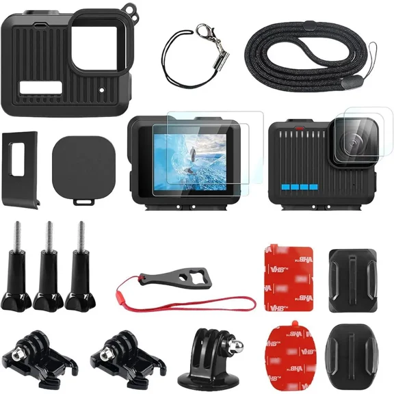 Silicone Case for GoPro Hero 4K - Protective Sleeve with Battery Cover, Screen Protectors, Lens Caps & Mount Kit Flexible Adhesive Helmet Sticky Mounts for GoPro Hero 4K Accessories