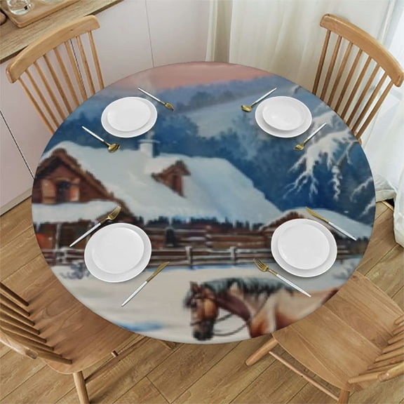 Christmas Round Tablecloth with Elastic Fitted Tablecloth