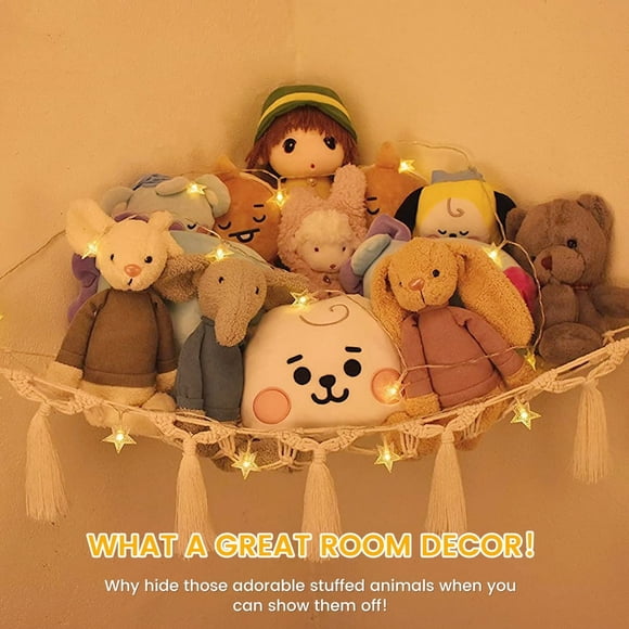Stuffed Animal Storage Hammock with String Light - Fits 30-40 Plush Animals. Great Gift for Boys and Girls Displays Teddies Easily ”STUFFIE PARTY HAMMOCK”
