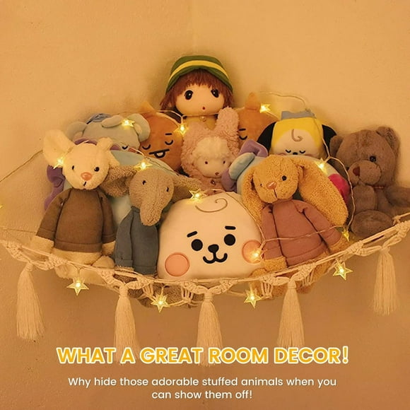Stuffed Animal Storage Hammock with String Light - Fits 30-40 Plush Animals. Great Gift for Boys and Girls Displays Teddies Easily ”STUFFIE PARTY HAMMOCK”