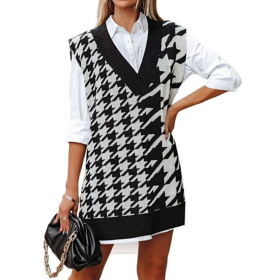 Women'S Oversized V Neck Knit Sweater Vest Tunic Sleeveless Pullover Top Black & White L