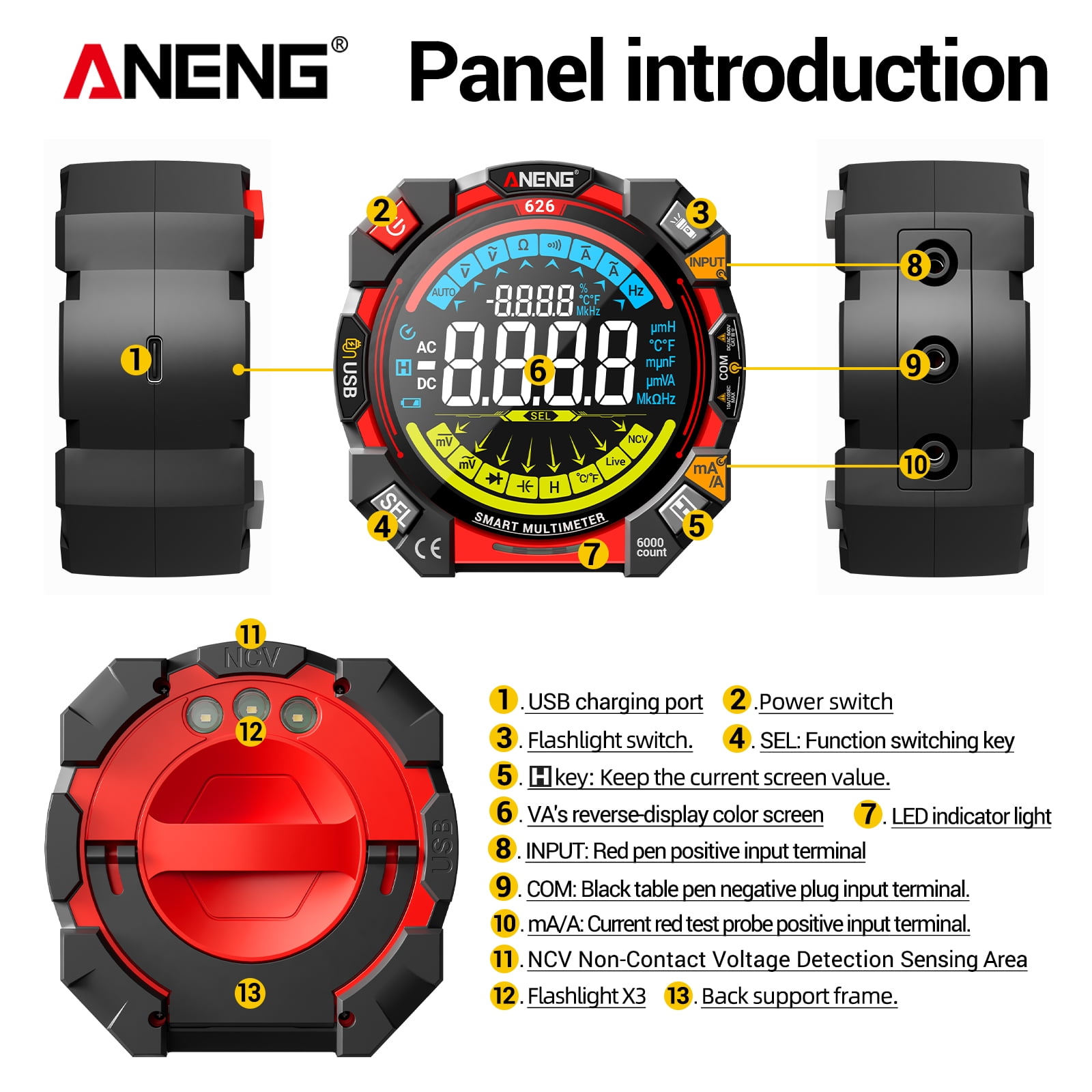 ANENG Smart Digital Multimeter 626 6000 Counts, AC/DC Voltage/Current, Resistance, Capacitance, Temperature, NCV Tester 1 Pack