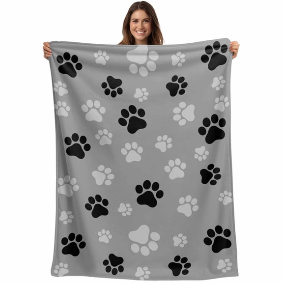 Pet Paw Printed Blanket Soft Cozy Warm Throw Blanket for Couch, Plush Fuzzy Flannel Fleece Blankets for Sofa, Modern Black Grey Watercolor Dog Claws Bed Blankets Lightweight Gifts for Women, 40"x60"