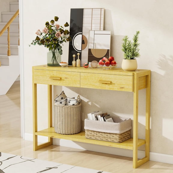Solid Wood Console Table with Storage Entryway Table with 2 Drawers Shelf & Reinforced Legs