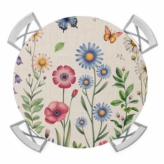 Elastic Fitted Round Tablecloth, Spring Floral Waterproof Stretch Table Cover for 45"-54" Tables, Pink Blue Flowers Butterfly Rustic Washable Outdoor Tablecloths for Patio, Picnic, Camping