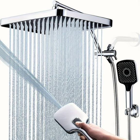 Shower Heads With Handheld Spray Combo, 11.8 Inches Rain Shower Head With 4-Mode Shower Wand, And Adjustable Extension Arm, 3-Way Shower Diverter Valve, Extra Long Hose (Chrome)