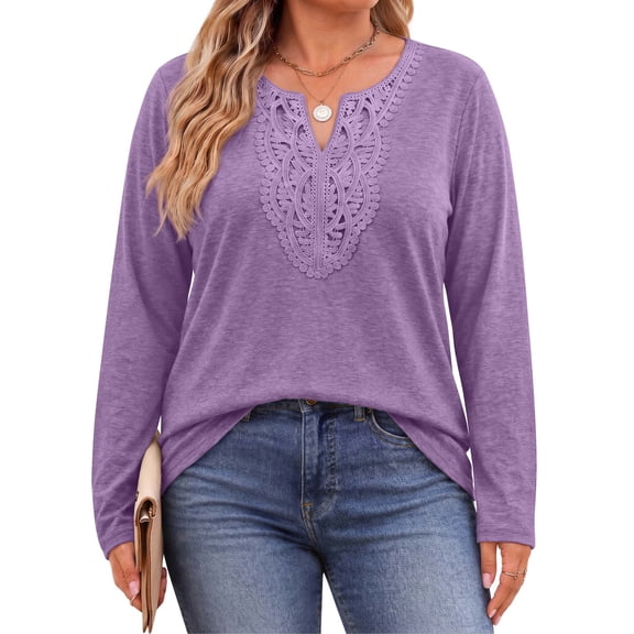 Fantaslook Lace Plus Size Tops for Women Long Sleeve V Neck Blouses Fall Tunic Shirts L-5XL