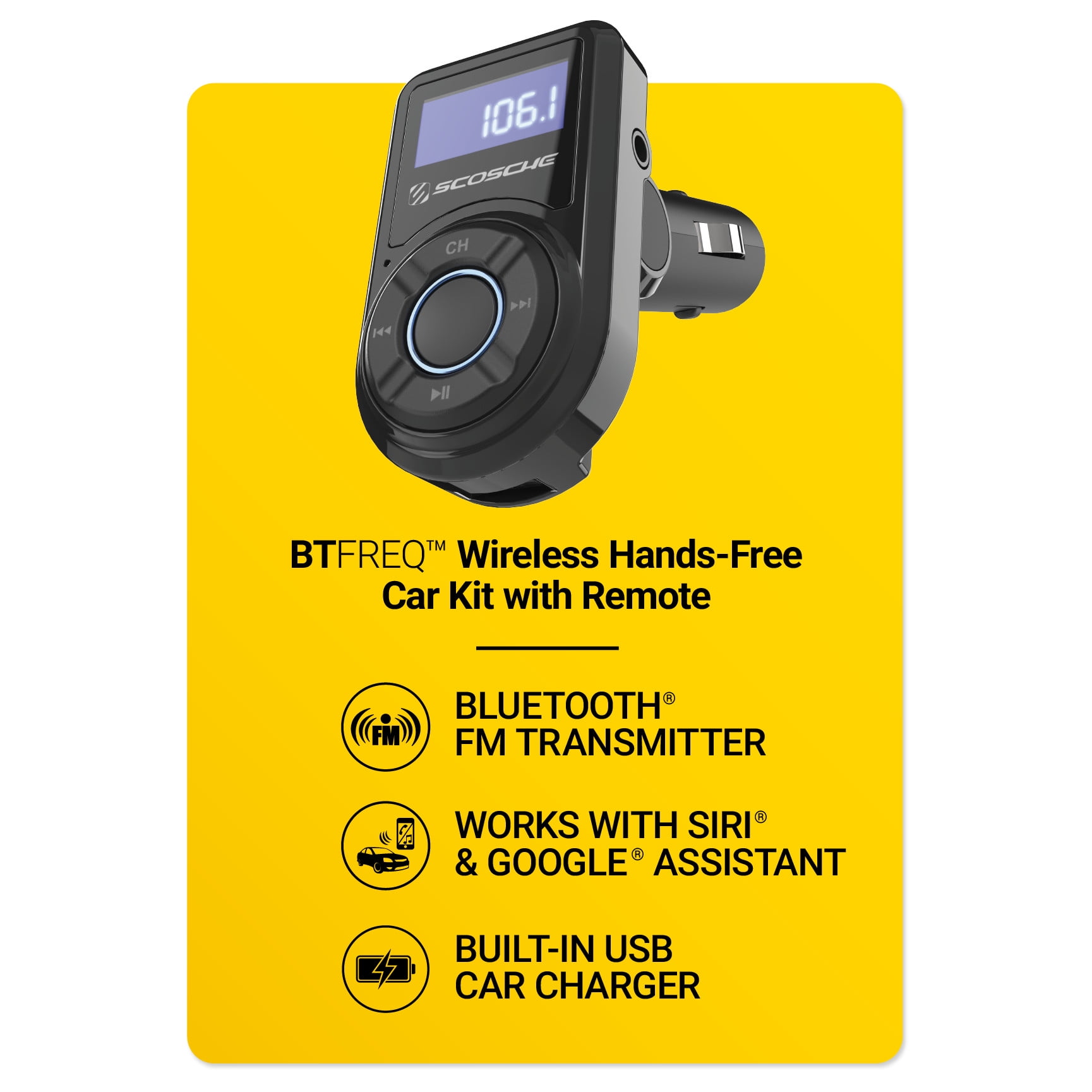 Scosche BTFREQ Bluetooth Hands-Free Car Kit with FM Transmitter and 10W USB Car Charger BTFM3-1