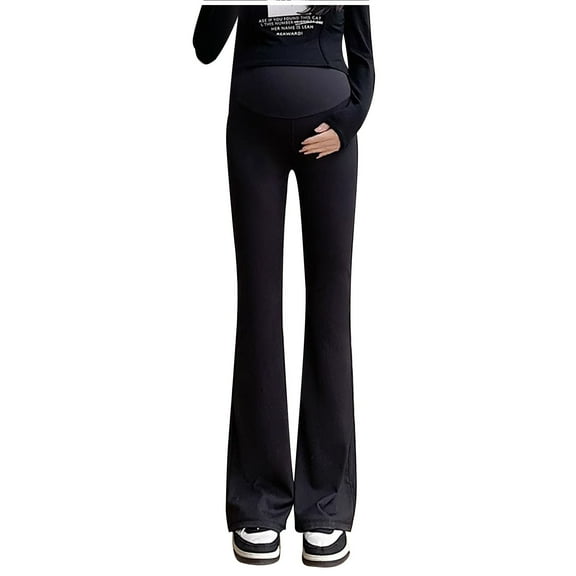 FNFYFH Maternity Flare Leggings with Pockets Over The Belly Stretchy Casual Lounge Pregnancy Dress Pants for Work