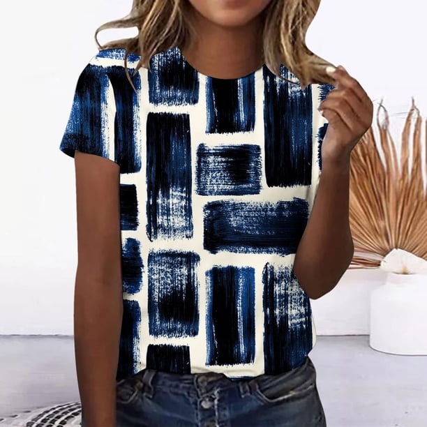 ICHUANYI Clearance Womens Casual Printing Pullover Round Neck Short Sleeve T-shirt Tops(Navy, M) ICHUANYI WER2023081404355