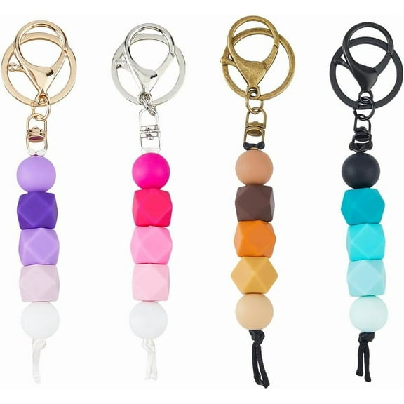 4 PCS 4 Colors Silicone Bead Keychains Silicone Beaded Keyrings 5.78in Length Beads Keychain With Alloy Clasps for Keys Purse Backpack Bag DIY Craft Making