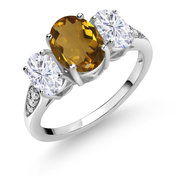 Gem Stone King 10K White Gold Whiskey Quartz White Moissanite and White Lab Grown Diamond 3 Stone Engagement Ring for Women (2.04 Cttw, Gemstone Birthstone, Available in Size 5, 6, 7, 8, 9)