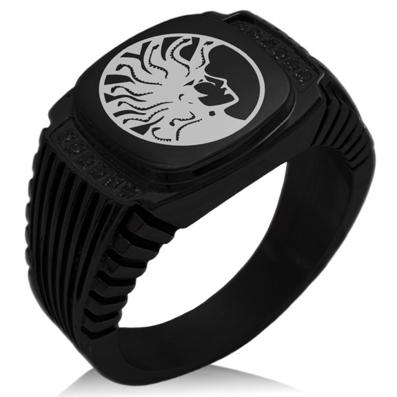 Stainless Steel Greek Mythology Medusa CZ Ribbed Needle Stripe Pattern Biker Style Polished Ring
