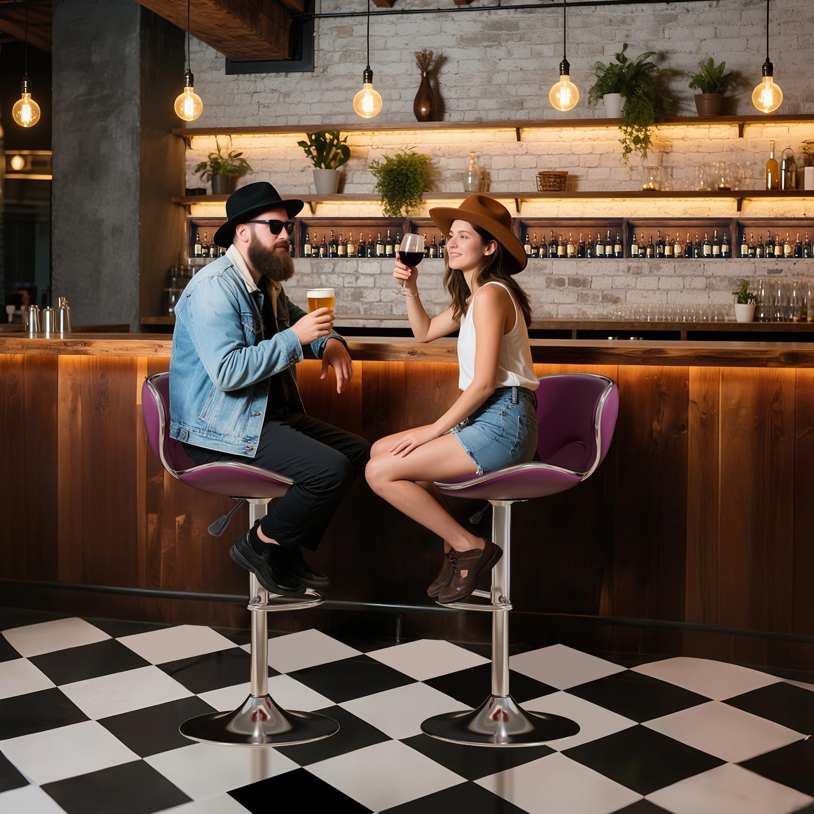 Adjustable Swivel Bar Stools Set of 2 , Modern PU Leather Upholstered Bar Chairs with Chrome Base for Kitchen Island, Dining Room, Pub, Counter (Purple)