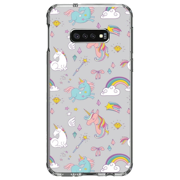 DistinctInk Clear Shockproof Hybrid Case for Samsung Galaxy S10e (5.8" Screen) - TPU Bumper, Acrylic Back, Tempered Glass Screen Protector - Unicorn Rainbow Wand Pattern - Grey