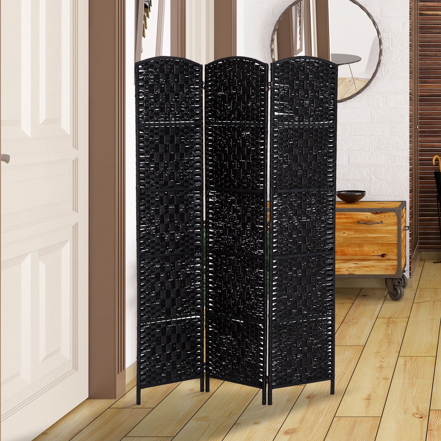 HomCom 6' Tall Wicker Weave 3 Panel Room Divider Privacy Screen - Black Wood