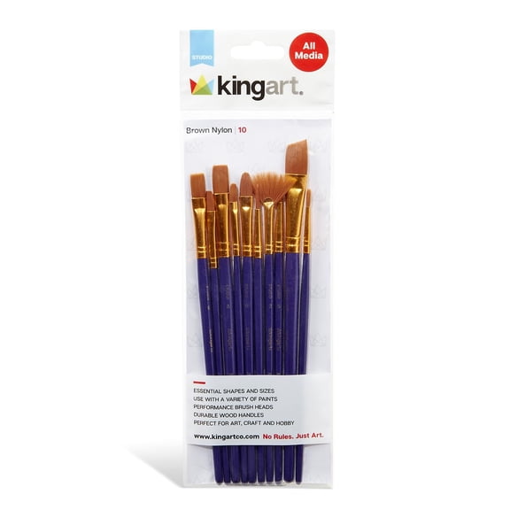 KINGART® Studio All-Purpose Art, Craft & Hobby Brown Nylon Paint Brushes, Set of 10