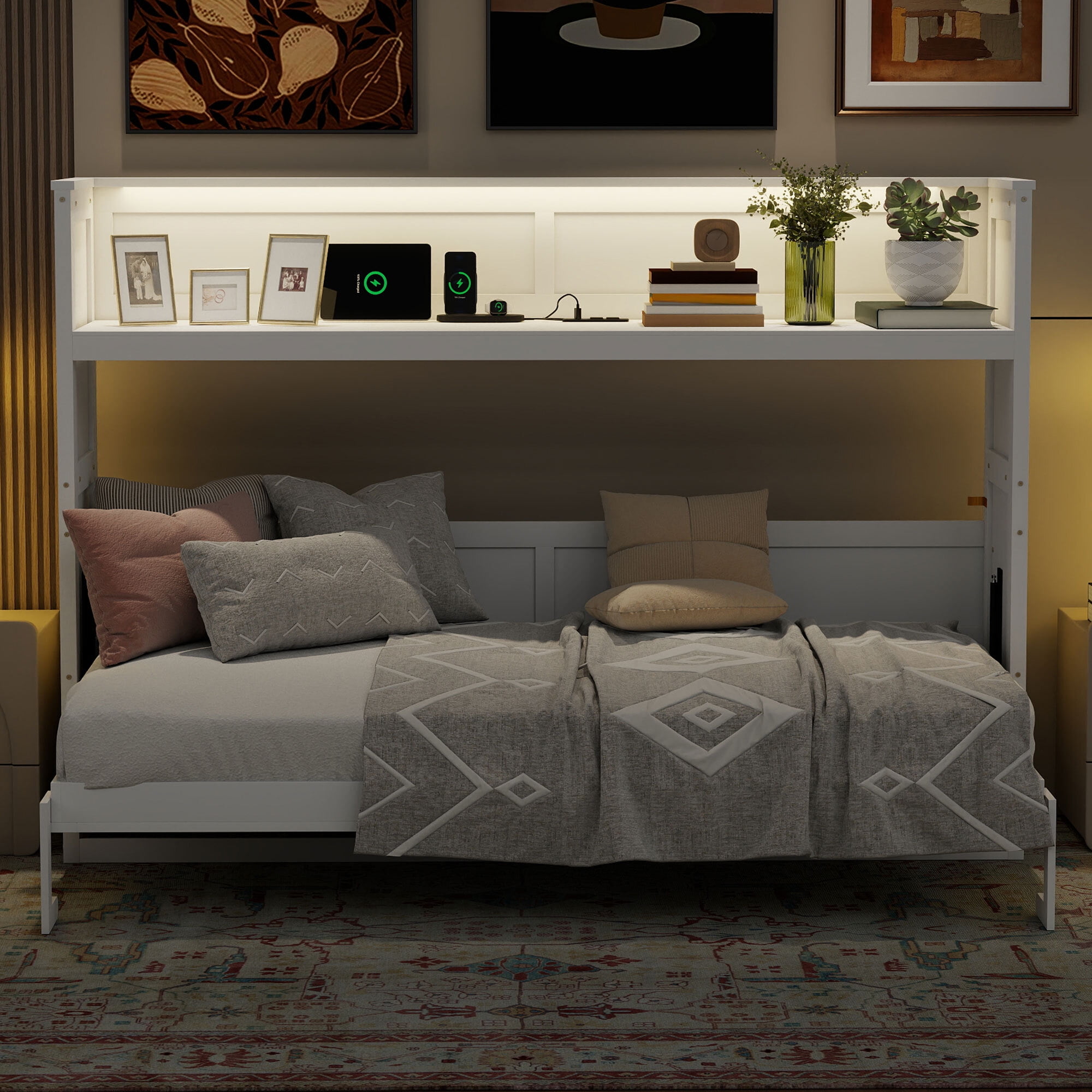 Euroco Wood Twin XL Murphy Bed with Desk and LED Light, Storage Wall Bed with USB Charging Station